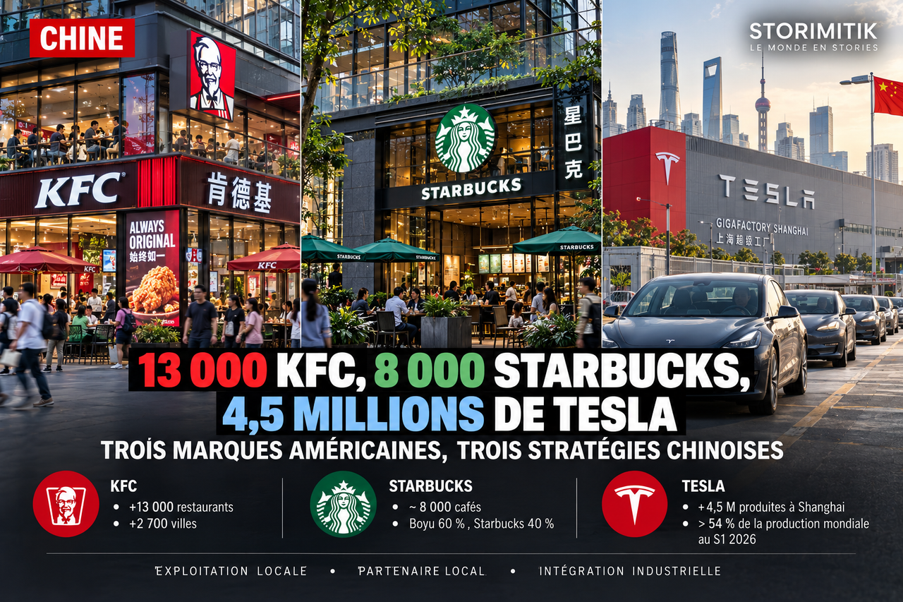 Illustration STORIMITIK comparant KFC, Starbucks et Tesla en Chine avec leurs échelles respectives.