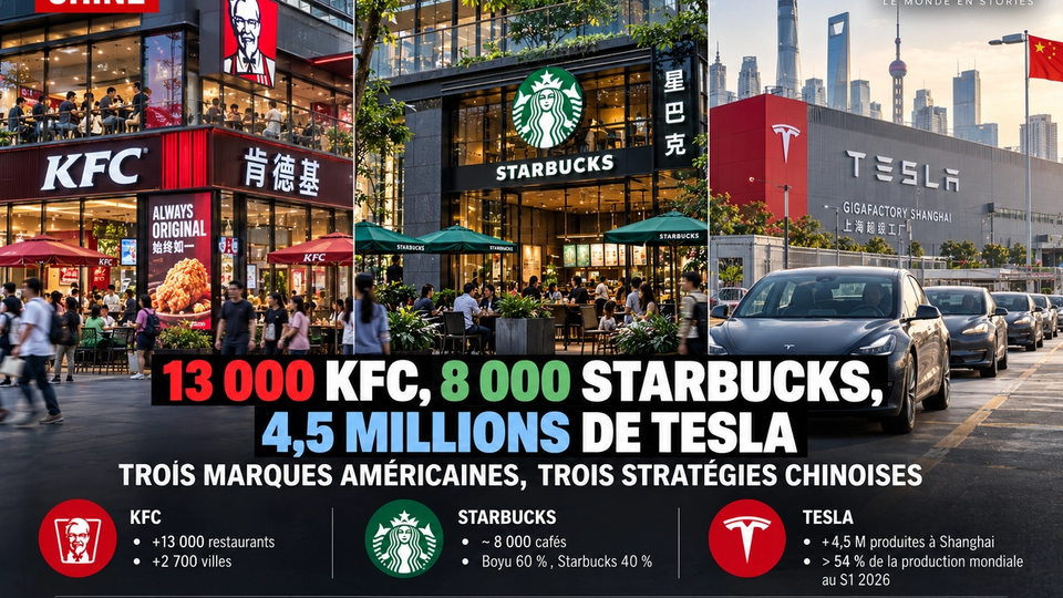 Illustration STORIMITIK comparant KFC, Starbucks et Tesla en Chine avec leurs échelles respectives.