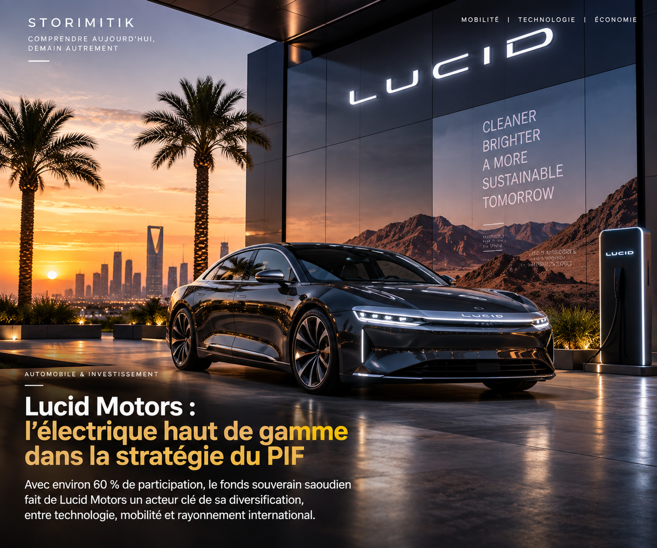 Illustration éditoriale d’une berline électrique Lucid devant un showroom, avec Riyad en arrière-plan.
