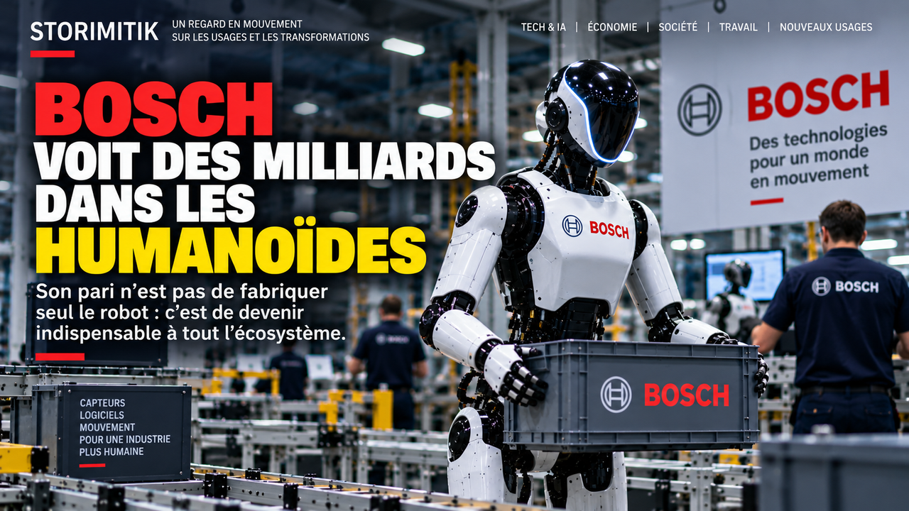 Illustration éditoriale STORIMITIK d’un humanoïde dans une usine inspirée de l’écosystème industriel Bosch.
