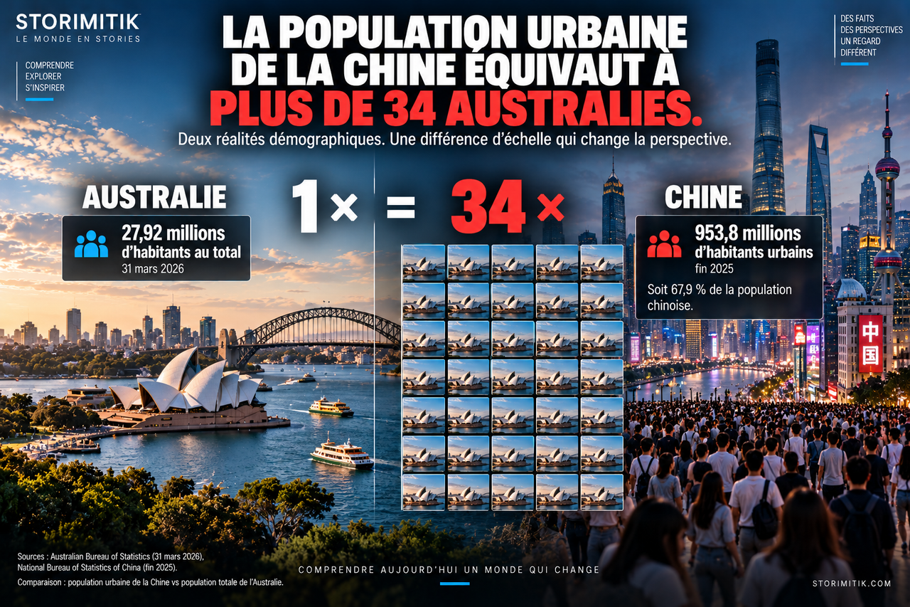 Illustration STORIMITIK comparant la population totale australienne et la population urbaine chinoise.