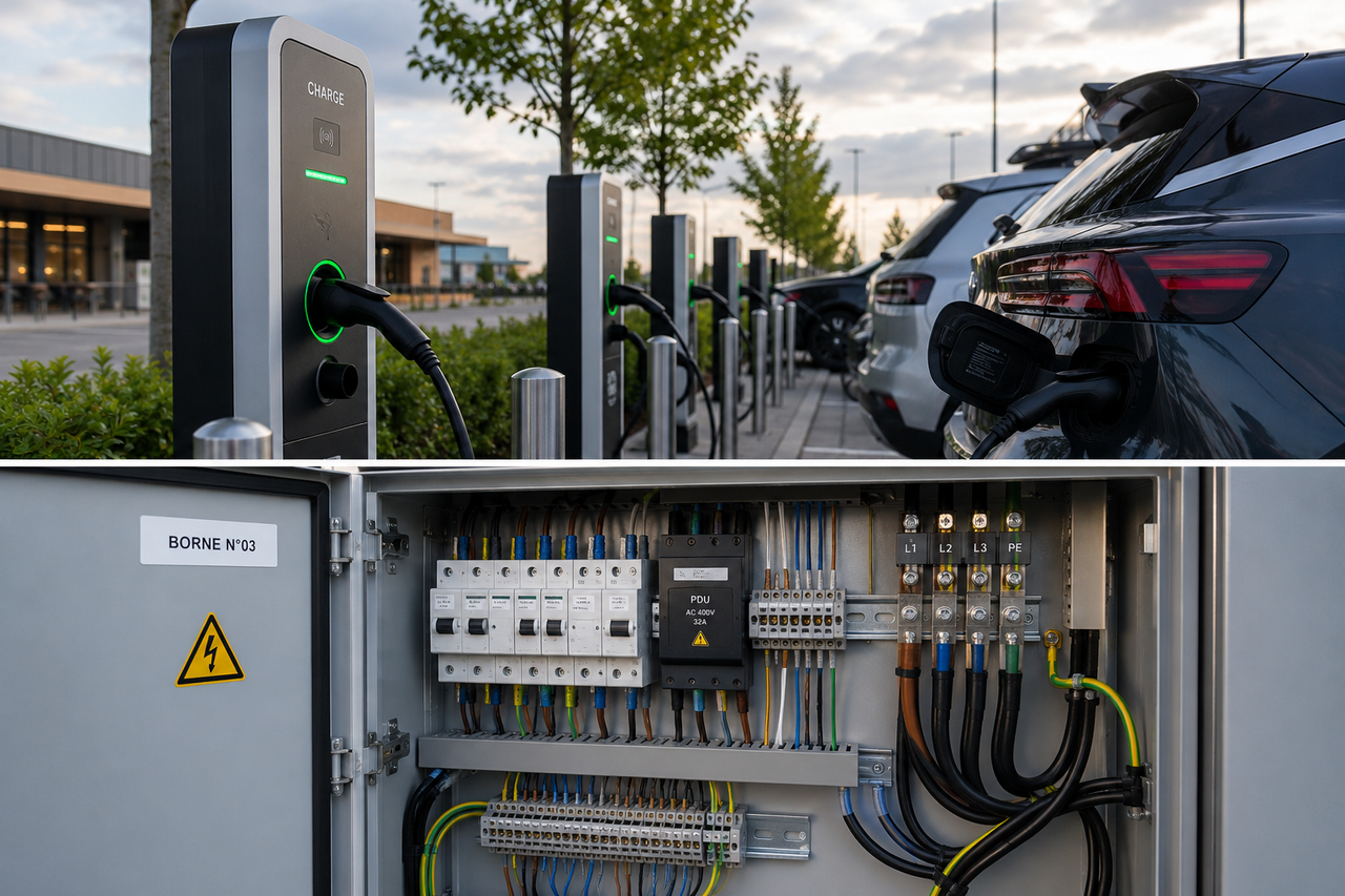 Illustration générée par IA montrant des bornes de recharge et le coffret électrique qui les alimente.