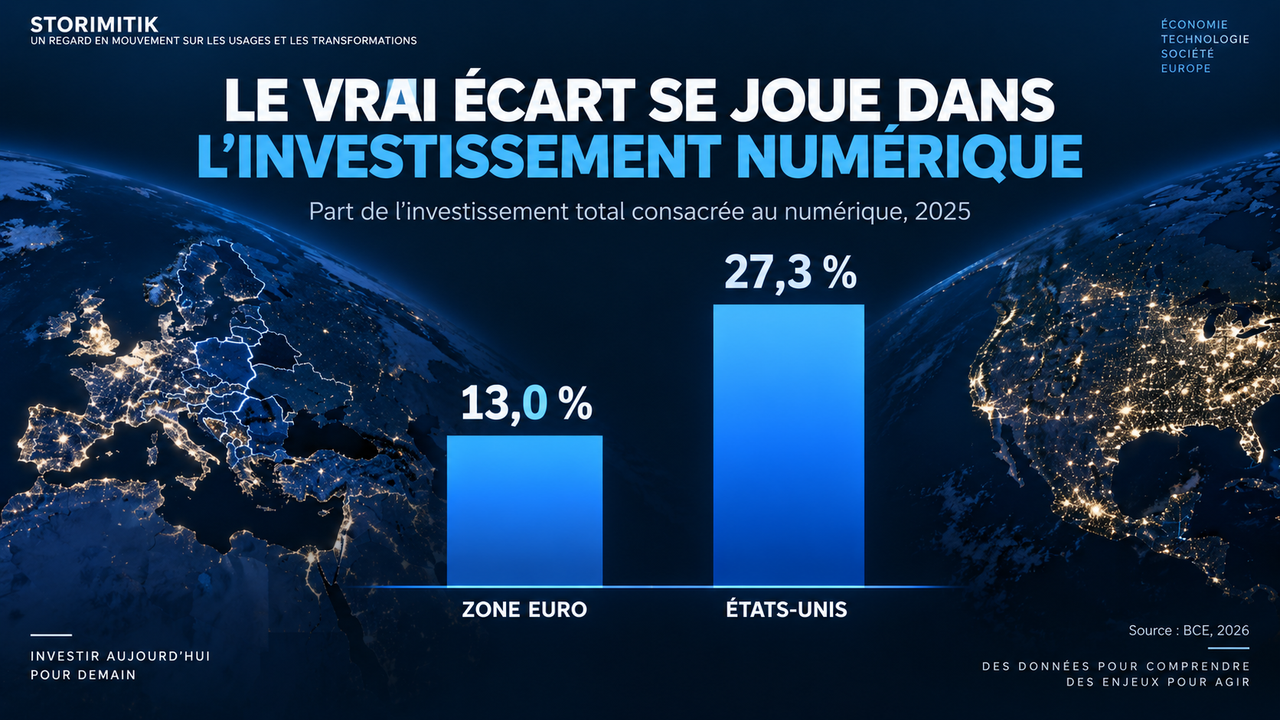 Infographie STORIMITIK comparant la part de l’investissement total consacrée au numérique dans la zone euro et aux États-Unis en 2025.