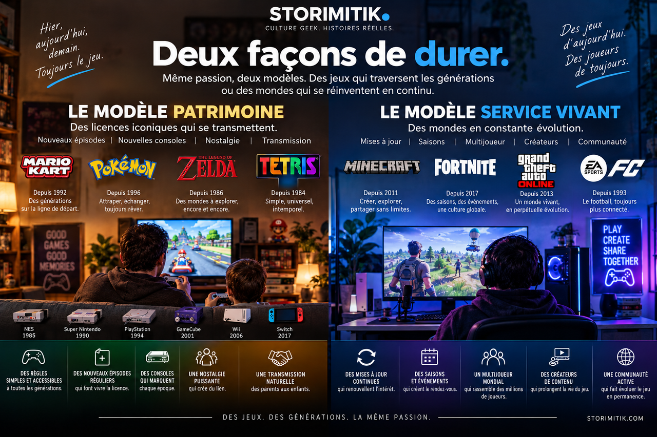 Infographie éditoriale STORIMITIK opposant les licences patrimoniales aux jeux-services vivants.