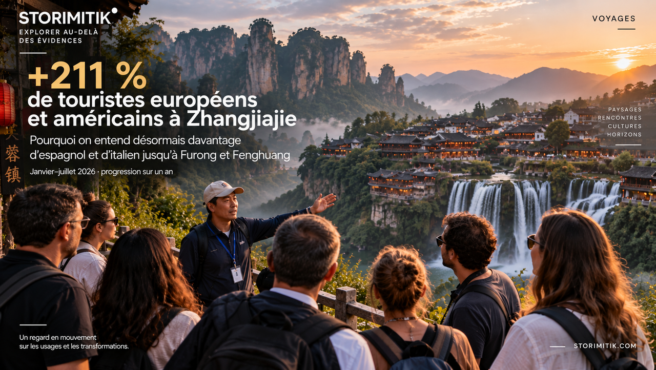 Groupe de voyageurs étrangers avec un guide local face à un paysage inspiré de l’ouest du Hunan.