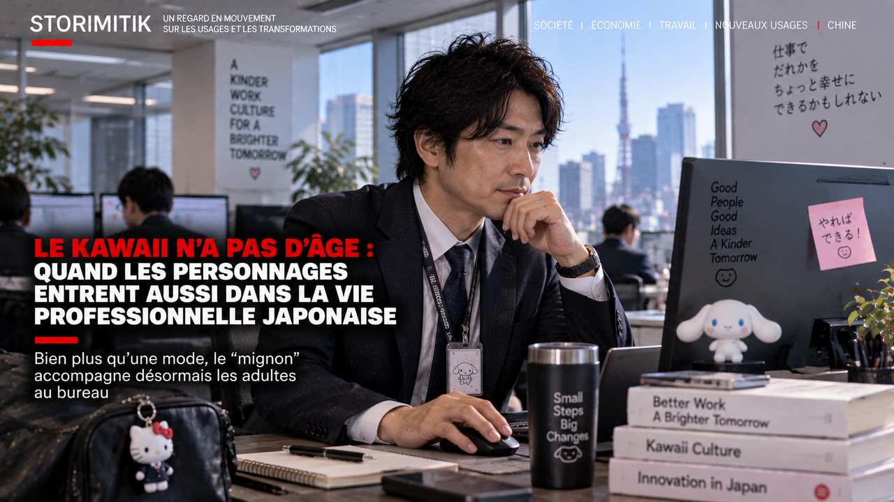 Illustration éditoriale STORIMITIK montrant un homme adulte japonais dans un bureau contemporain avec quelques accessoires kawaii discrets.