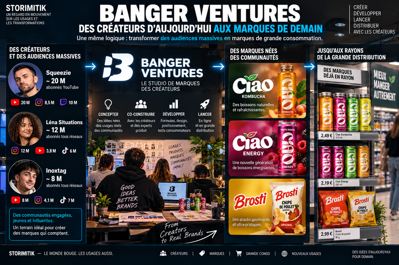 Infographie STORIMITIK montrant la chaîne créateurs et audiences, Banger Ventures, création de marques puis grande distribution.