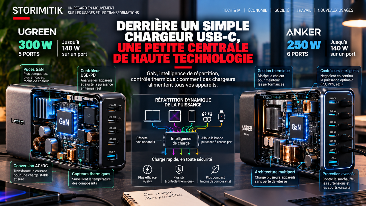 Illustration technique STORIMITIK montrant l’architecture interne conceptuelle d’un chargeur multiport UGREEN et Anker : conversion, GaN, contrôleurs USB-PD, thermique et répartition de puissance.
