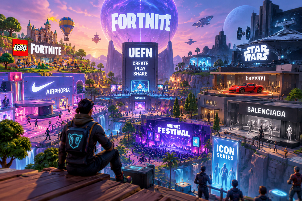 Illustration de Fortnite comme hub culturel interactif réunissant jeux, musique, mode, automobile et univers partenaires autour de la création UEFN.