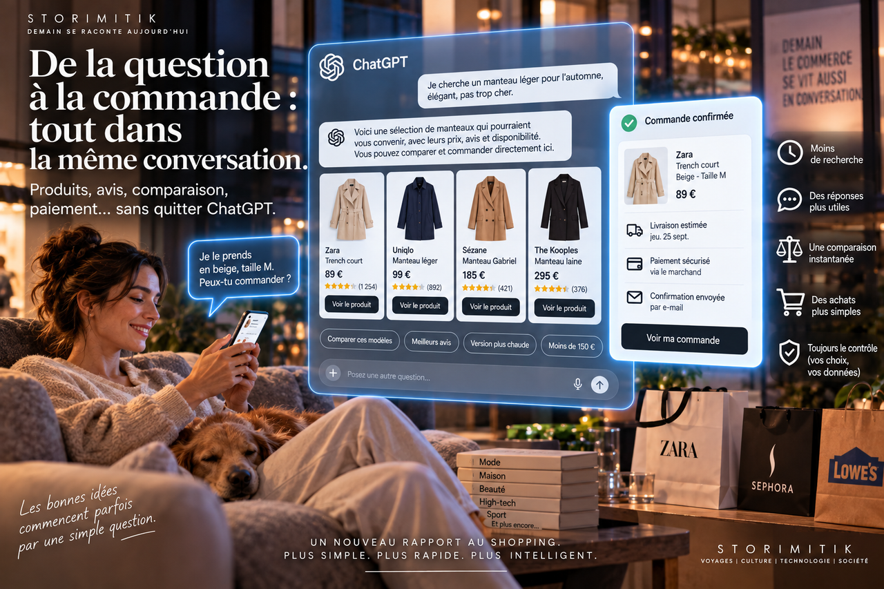 Illustration conceptuelle d’un parcours d’achat allant de la question à la sélection puis à la commande dans une interface conversationnelle.