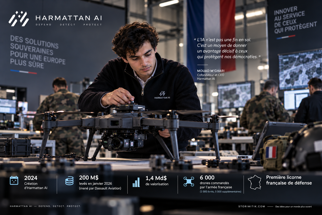 Illustration éditoriale montrant un environnement industriel de mise au point et d’assemblage de drones.