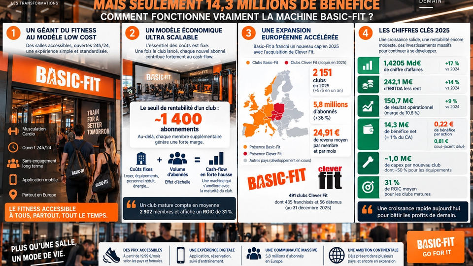 Infographie éditoriale STORIMITIK sur le paradoxe financier et le modèle économique de Basic-Fit en 2025.
