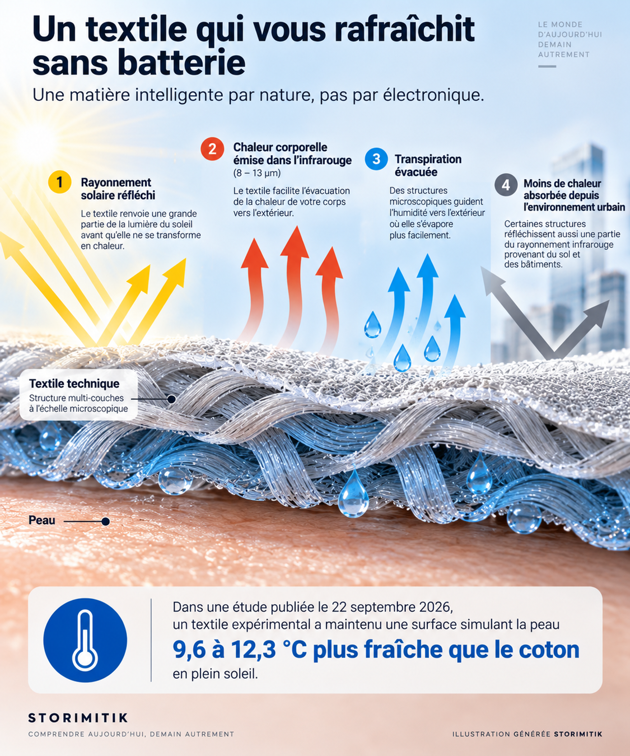 Schéma expliquant comment un textile peut refroidir sans batterie grâce à la réflexion solaire, l’émission infrarouge et l’évacuation de la transpiration.