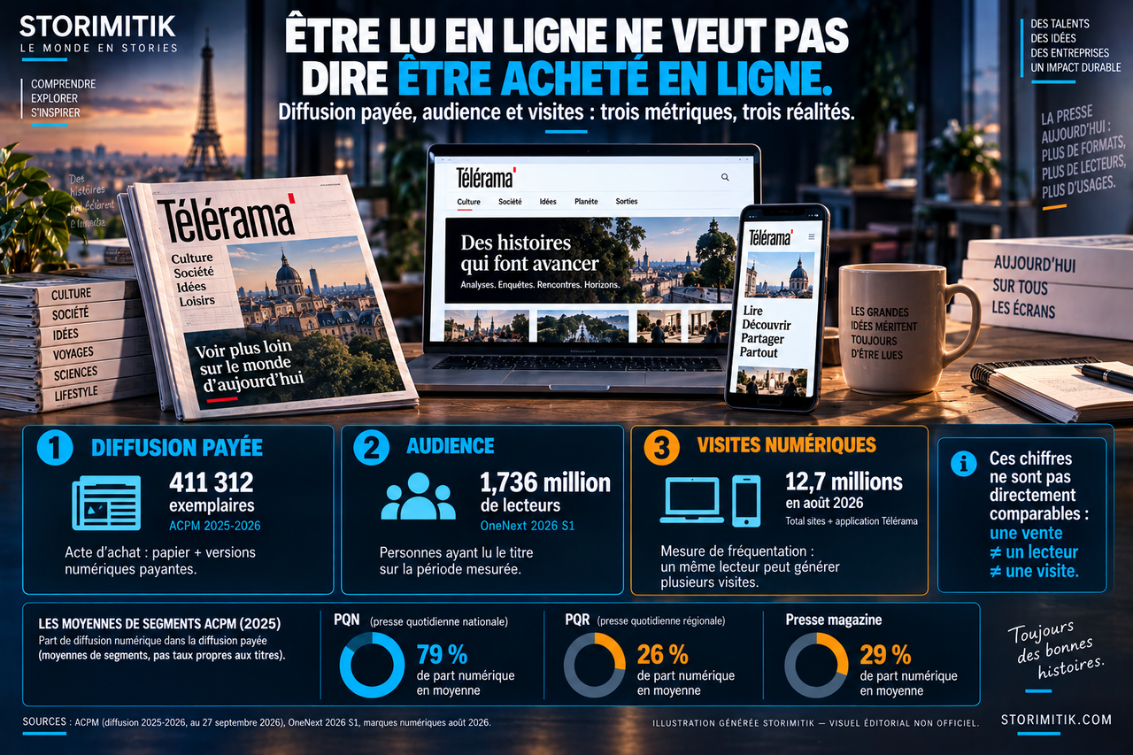 Illustration STORIMITIK utilisant Télérama pour comparer trois métriques distinctes : diffusion payée, audience et visites numériques.