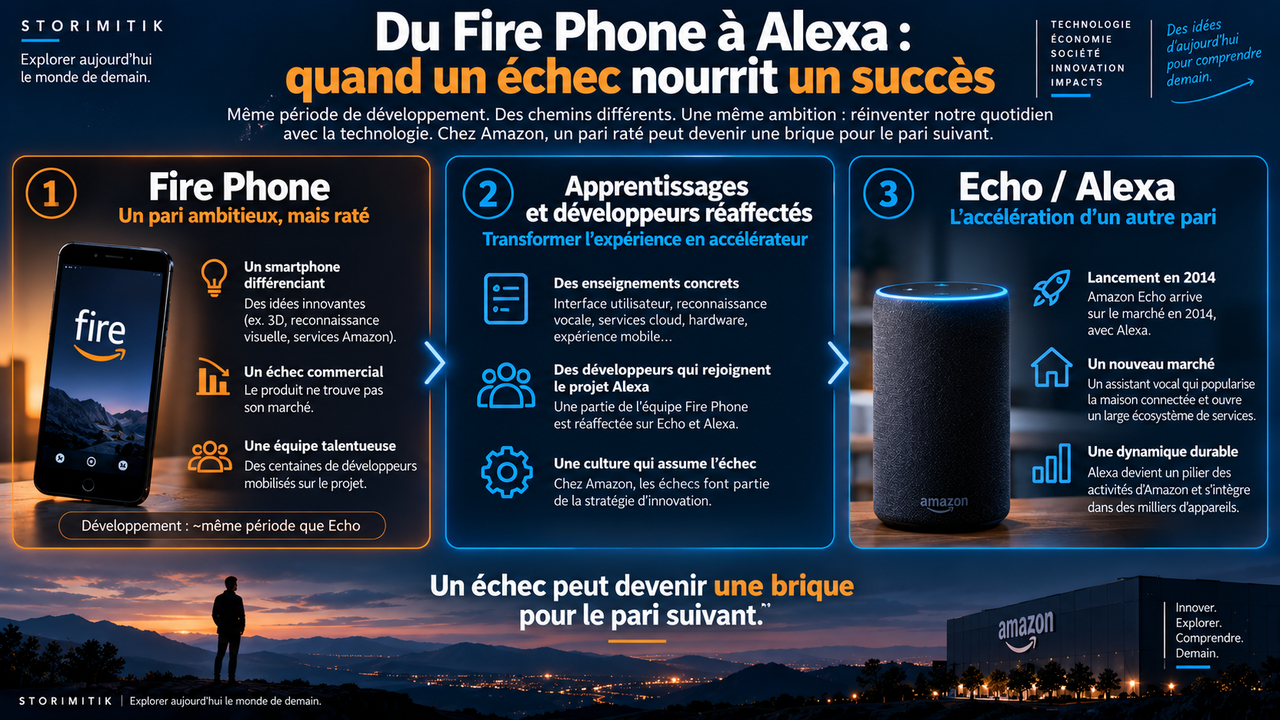 Infographie retraçant le passage du Fire Phone à Echo et Alexa à travers les apprentissages et les développeurs réaffectés.