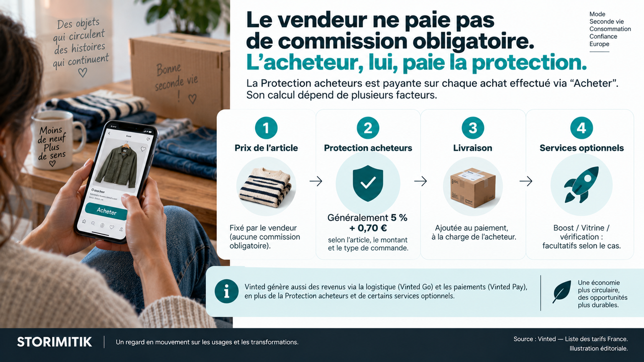 Infographie éditoriale expliquant le flux d’une transaction Vinted : prix de l’article, Protection acheteurs, livraison et services optionnels.