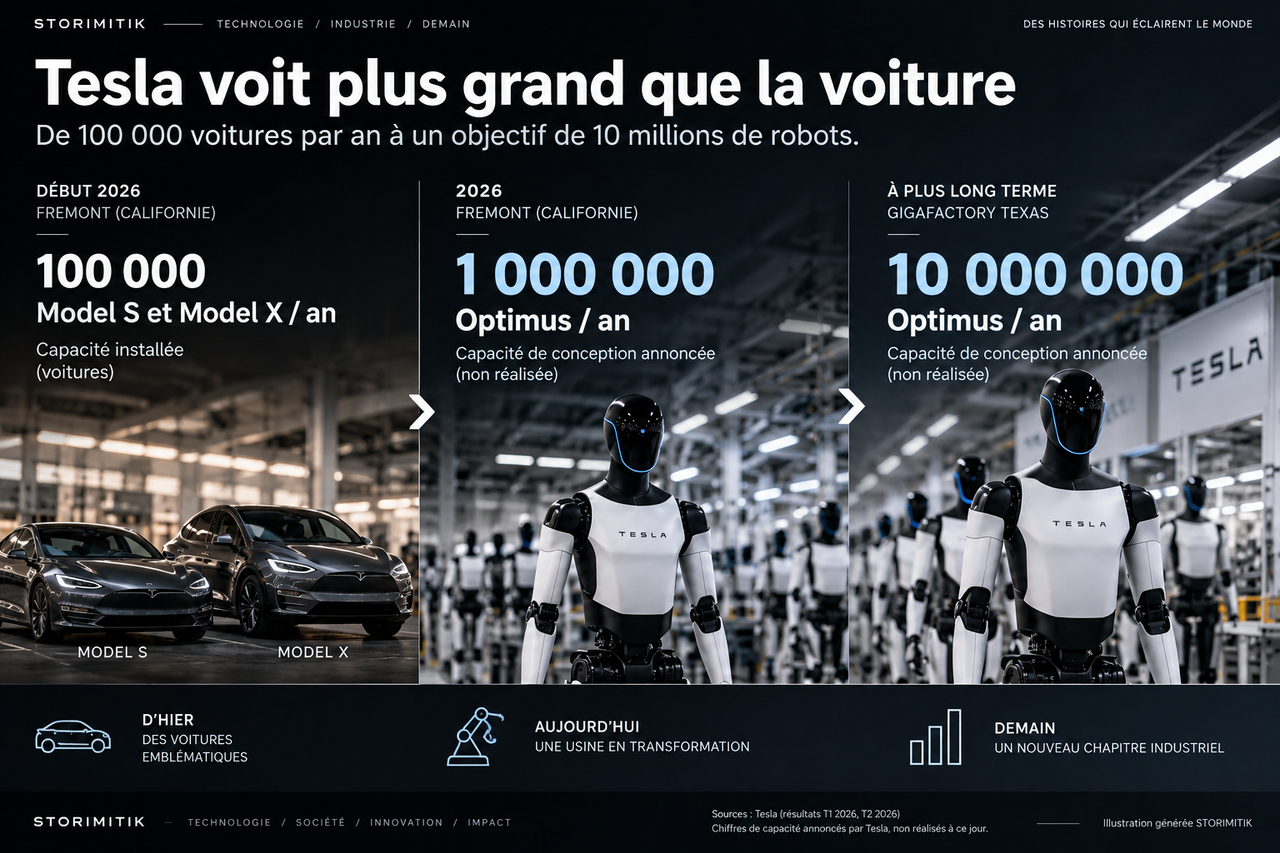 Infographie STORIMITIK comparant 100 000 Model S/X par an à Fremont, une capacité annoncée de 1 million d’Optimus par an à Fremont et 10 millions à long terme au Texas.