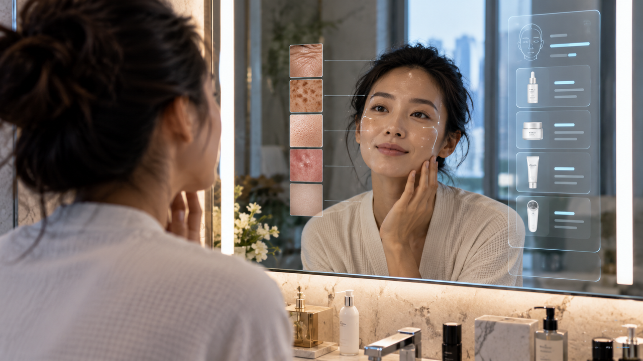 Photographie éditoriale réaliste d’une femme face à un miroir intelligent qui analyse conceptuellement plusieurs zones de sa peau et affiche des recommandations.