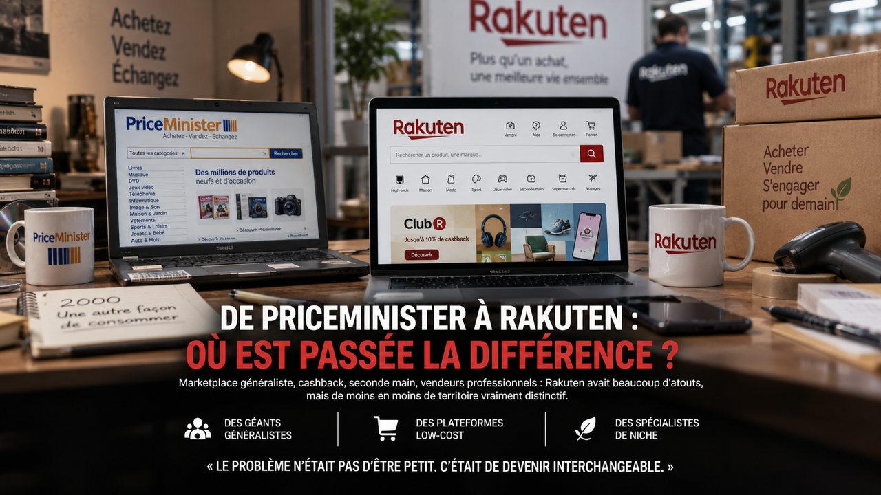 Illustration éditoriale STORIMITIK montrant la transition de PriceMinister vers Rakuten et la difficulté croissante d’une marketplace généraliste à conserver un territoire distinctif.