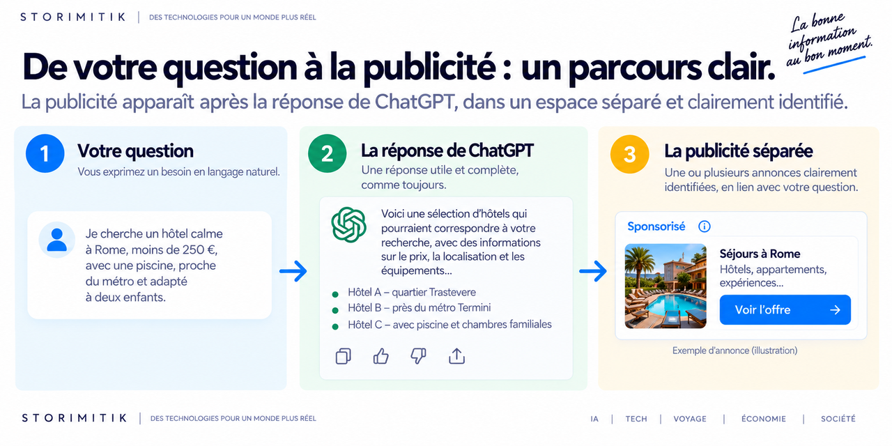 Schéma expliquant le parcours : question de l’utilisateur, réponse de ChatGPT, puis publicité sponsorisée séparée.