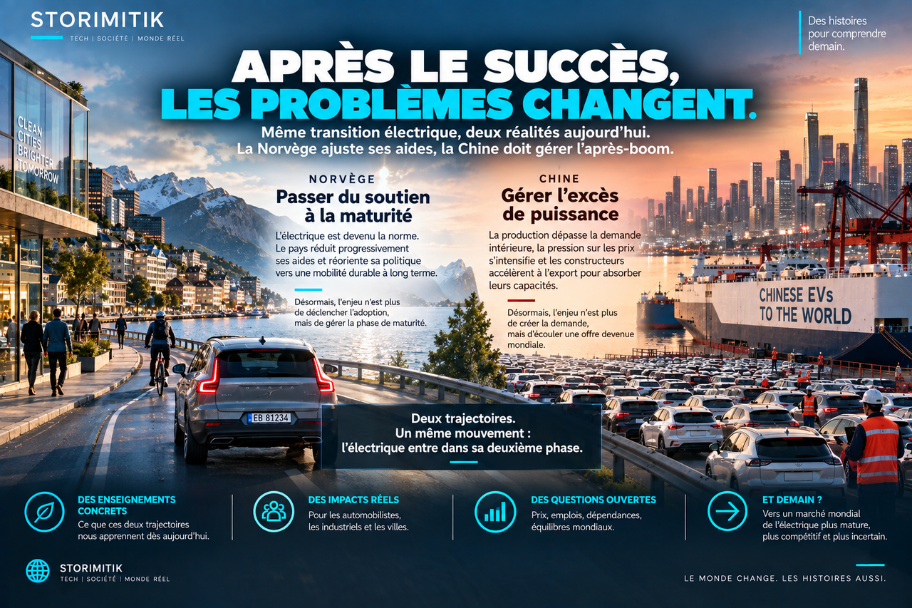 Illustration STORIMITIK de la deuxième phase de l’électrification : réduction progressive des aides en Norvège et surcapacités poussant la Chine à exporter davantage.