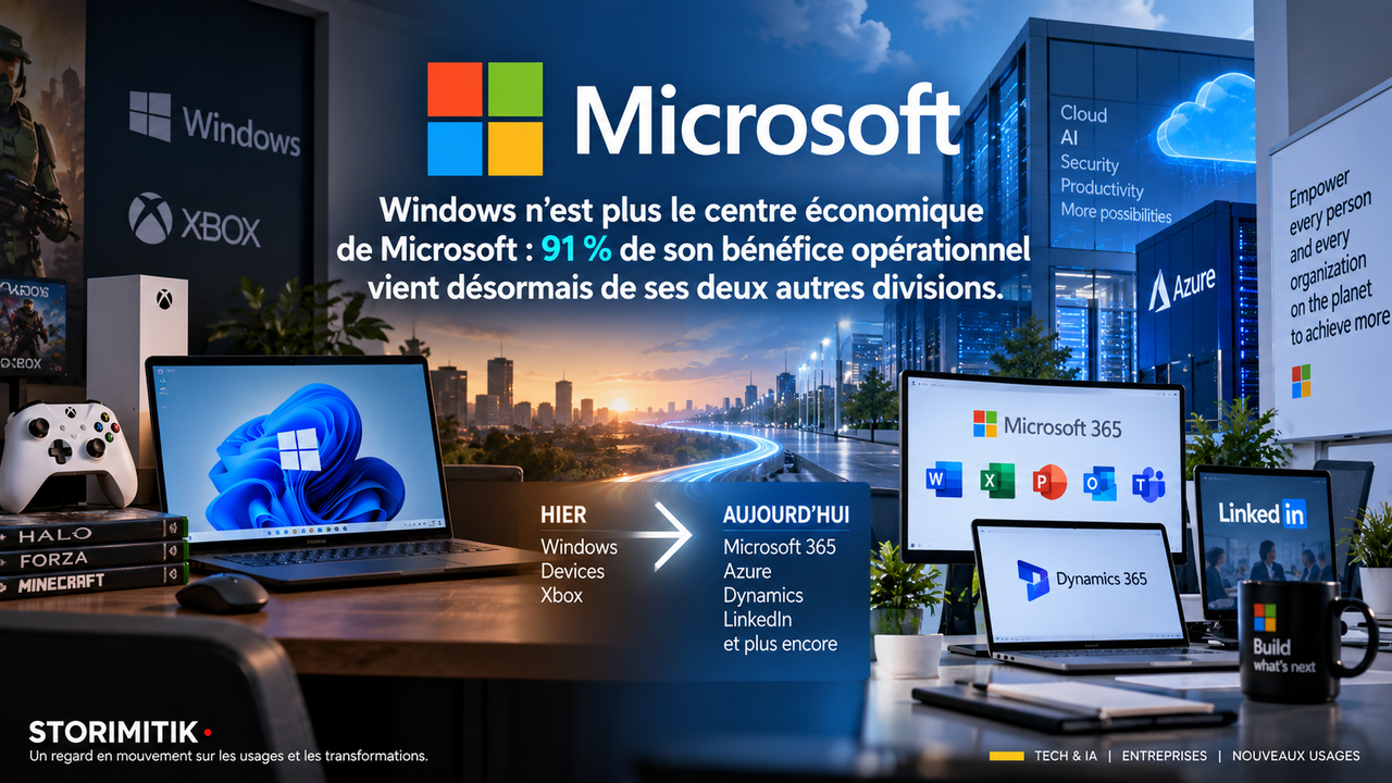 Infographie éditoriale STORIMITIK montrant la transformation économique de Microsoft depuis Windows et le PC vers le cloud, Microsoft 365, Azure, Dynamics et LinkedIn.