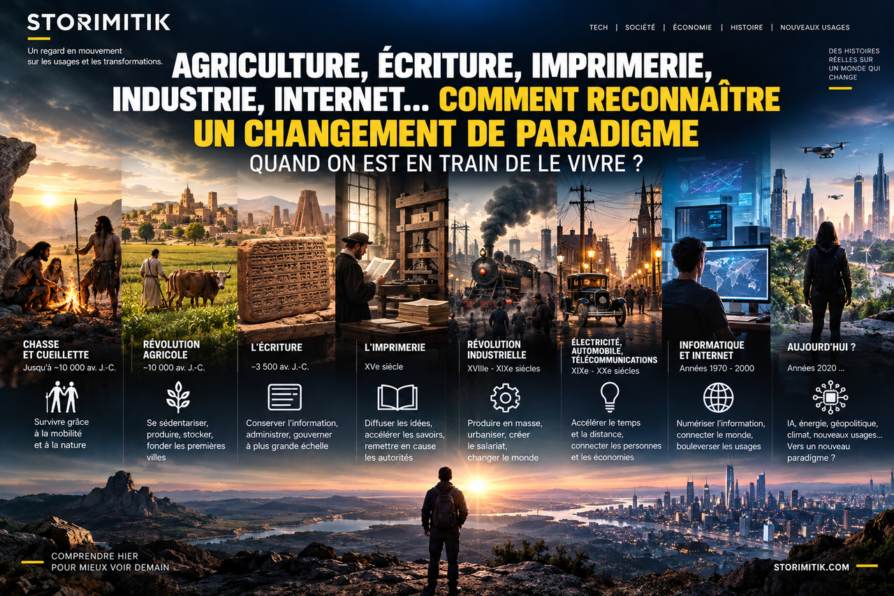 Frise éditoriale STORIMITIK illustrant plusieurs grands basculements historiques, de la chasse-cueillette à l’agriculture, l’écriture, l’imprimerie, l’industrie, Internet et les transformations contemporaines.