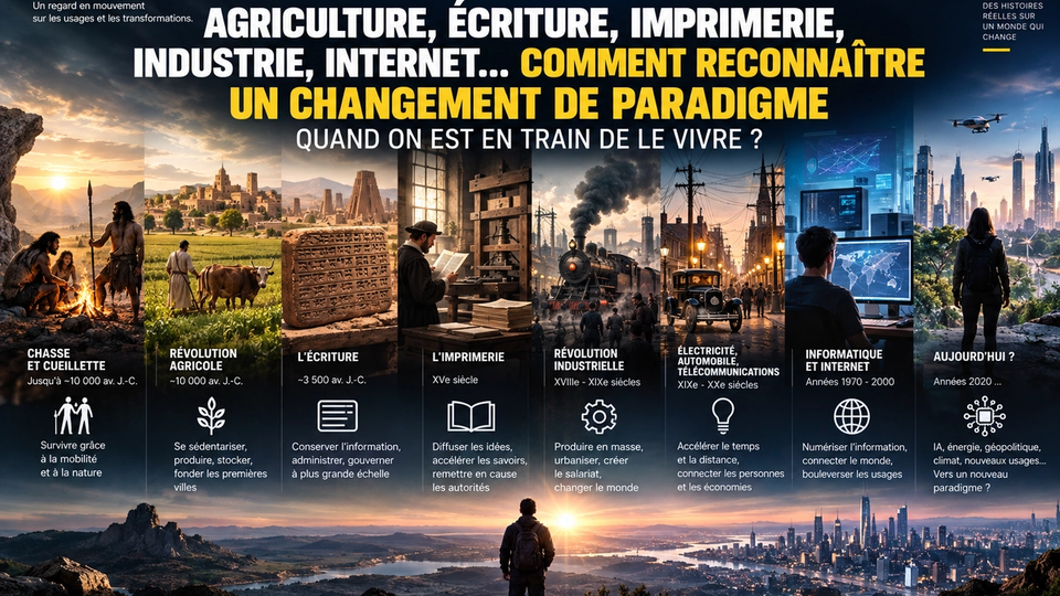 Frise éditoriale STORIMITIK illustrant plusieurs grands basculements historiques, de la chasse-cueillette à l’agriculture, l’écriture, l’imprimerie, l’industrie, Internet et les transformations contemporaines.