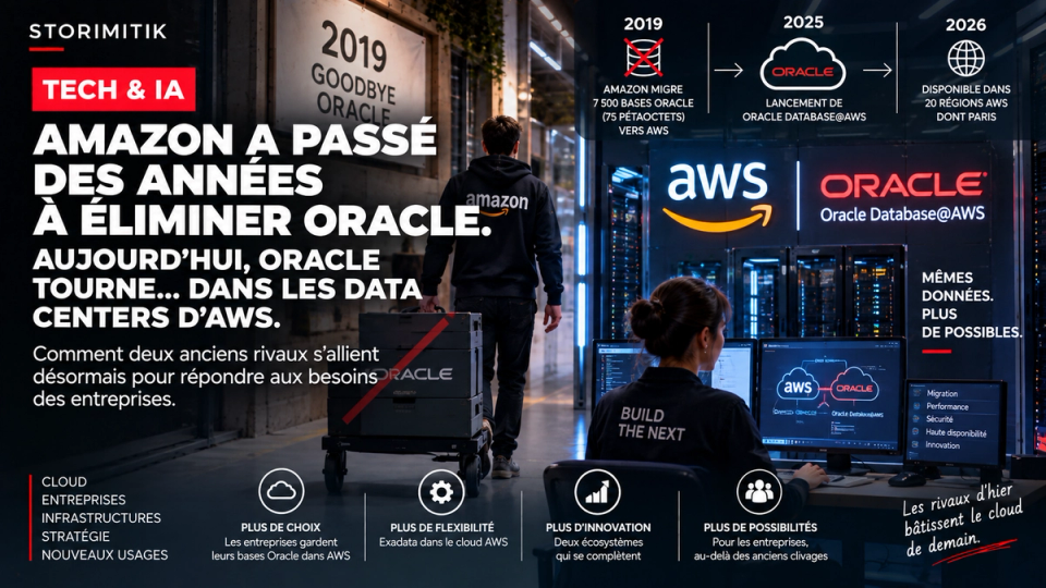 Illustration STORIMITIK opposant la sortie d’Oracle des systèmes propriétaires d’Amazon Consumer en 2019 à l’arrivée d’Oracle Database@AWS dans les data centers AWS.