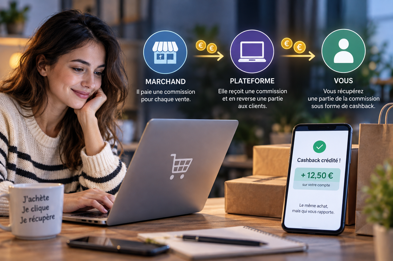 Illustration éditoriale d’une consommatrice utilisant une plateforme de cashback, avec le flux marchand, plateforme et utilisateur.