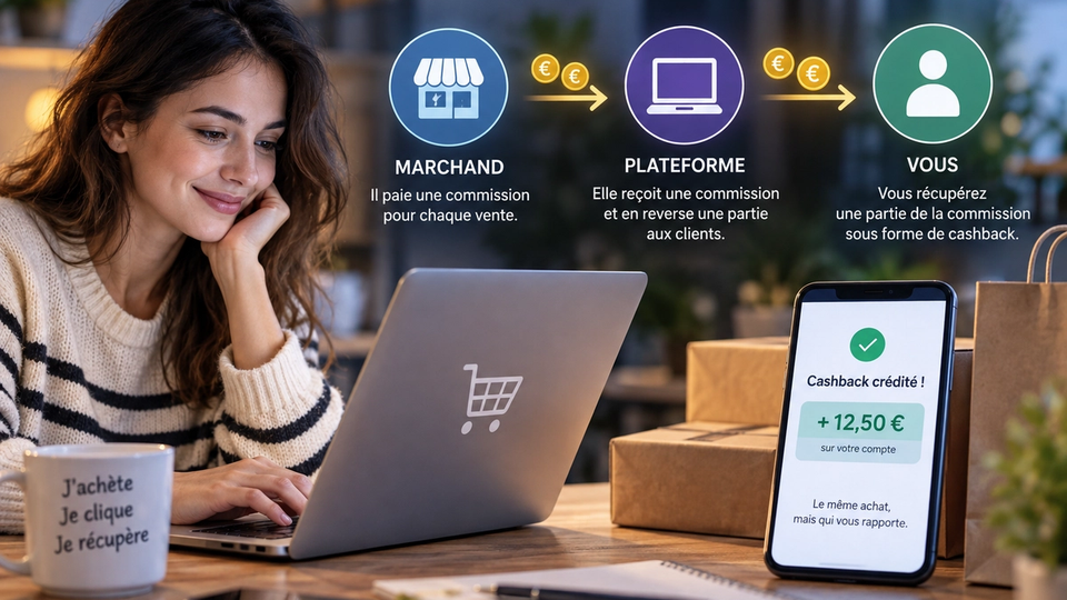 Illustration éditoriale d’une consommatrice utilisant une plateforme de cashback, avec le flux marchand, plateforme et utilisateur.
