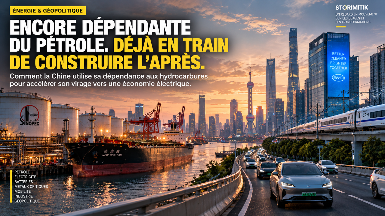 Illustration éditoriale STORIMITIK montrant un terminal pétrolier chinois face à une ville électrifiée, avec véhicules électriques et train.