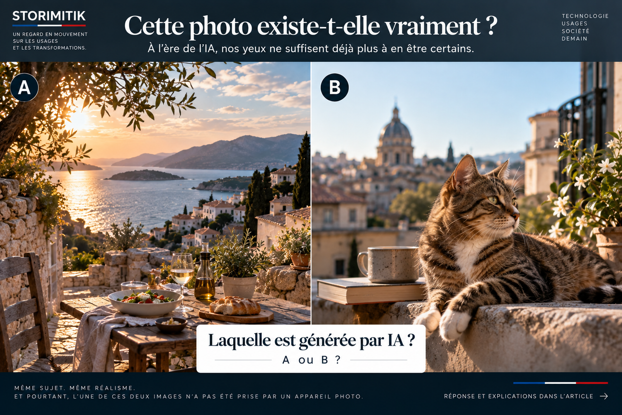 Test perceptif éditorial STORIMITIK montrant deux scènes photoréalistes entièrement générées par IA.