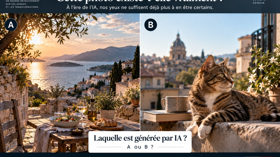 Test perceptif éditorial STORIMITIK montrant deux scènes photoréalistes entièrement générées par IA.