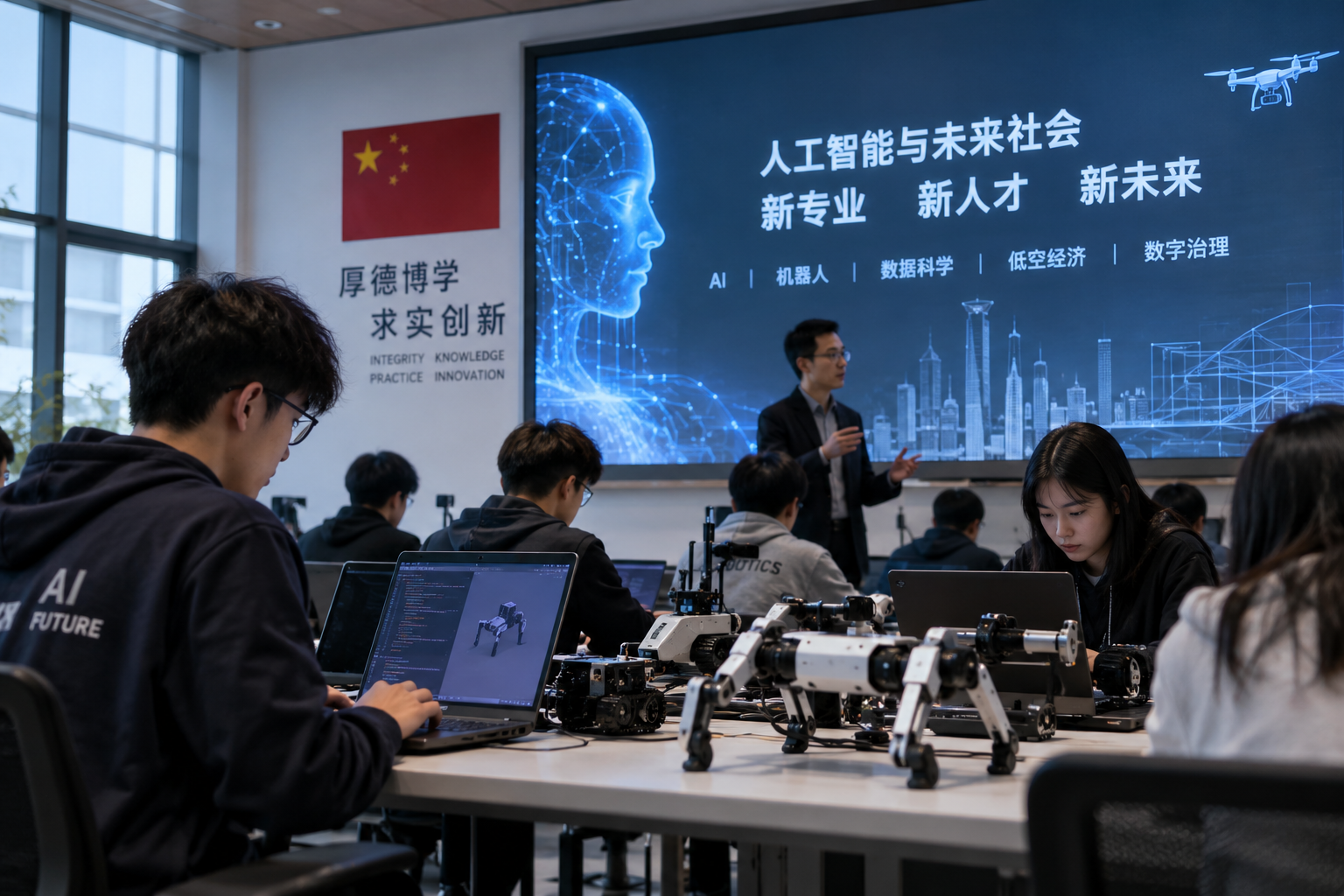 Illustration conceptuelle ultra-réaliste d’un laboratoire universitaire chinois consacré à l’intelligence artificielle et à la robotique.