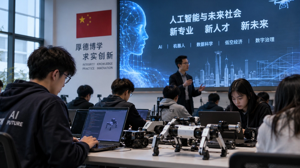 Illustration conceptuelle ultra-réaliste d’un laboratoire universitaire chinois consacré à l’intelligence artificielle et à la robotique.