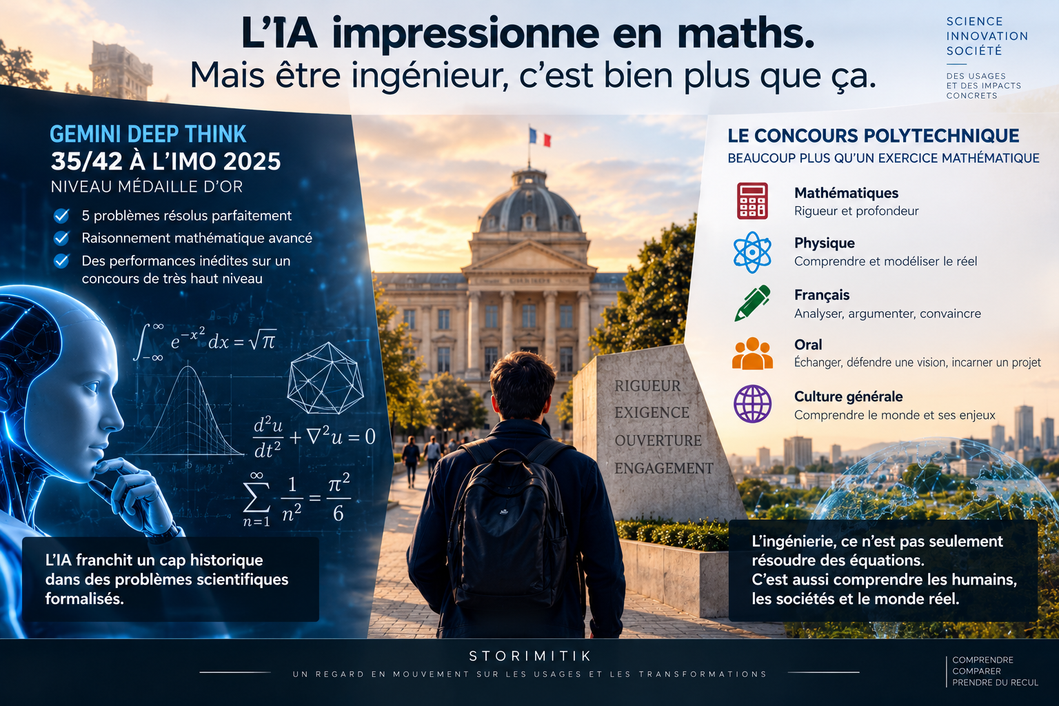 Illustration éditoriale STORIMITIK sur les performances de l’IA en mathématiques et les compétences plus larges mobilisées par l’ingénierie.