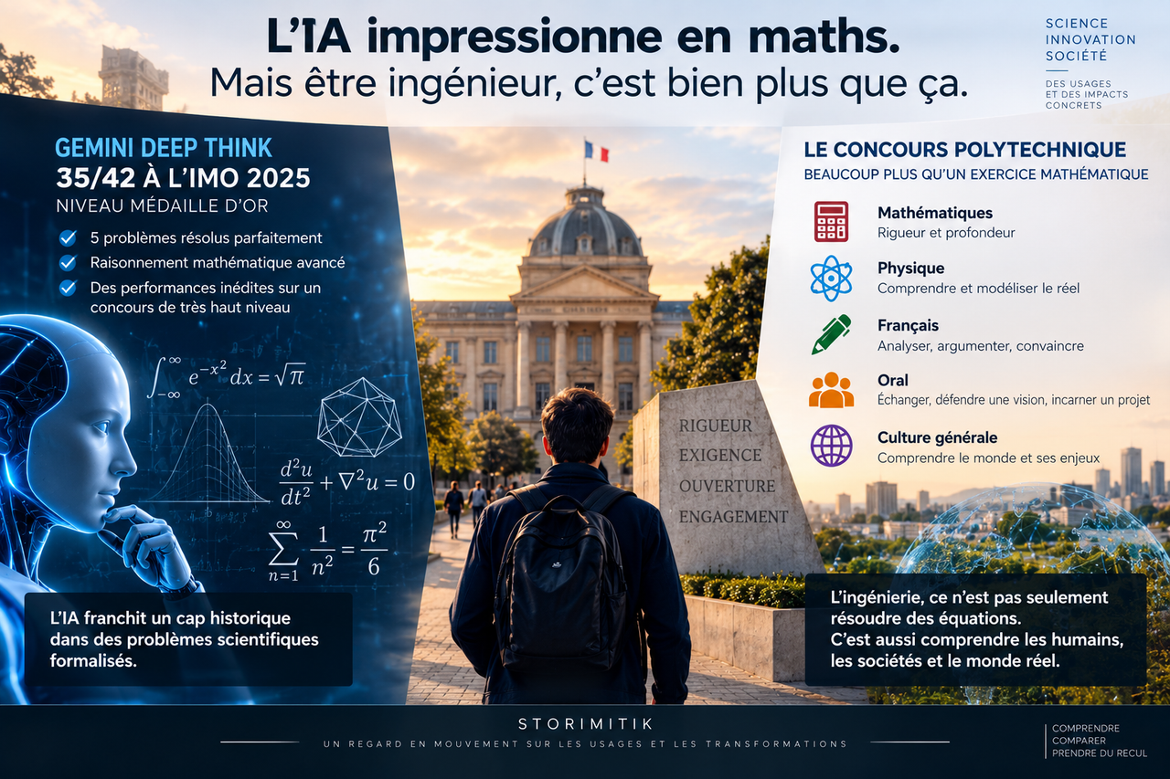 Illustration éditoriale STORIMITIK sur les performances de l’IA en mathématiques et les compétences plus larges mobilisées par l’ingénierie.