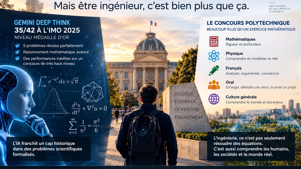 Illustration éditoriale STORIMITIK sur les performances de l’IA en mathématiques et les compétences plus larges mobilisées par l’ingénierie.
