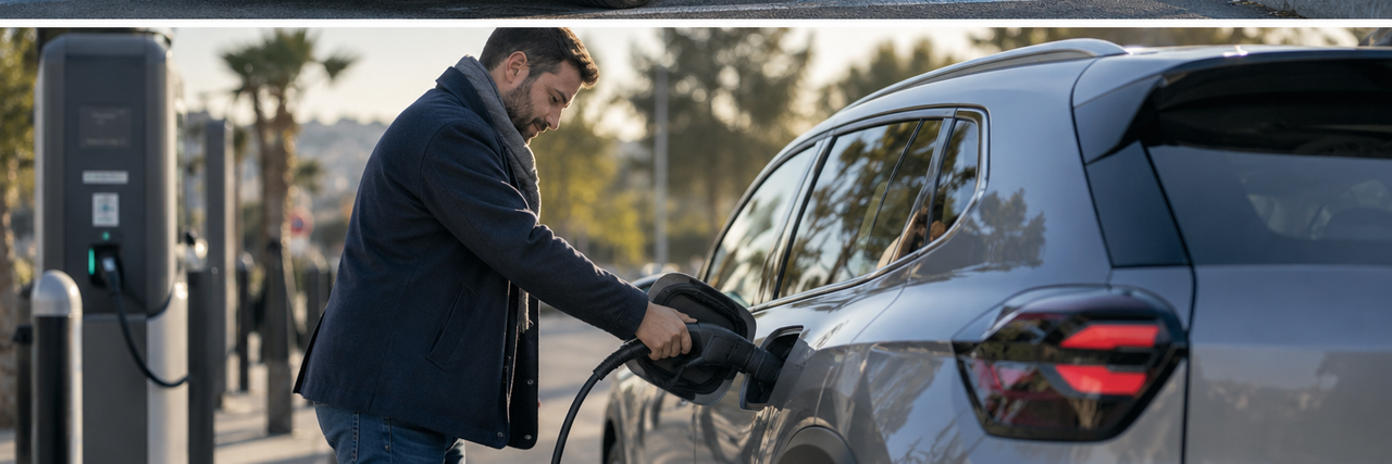 Illustration réaliste d’un automobiliste branchant un véhicule électrique à une borne de recharge.