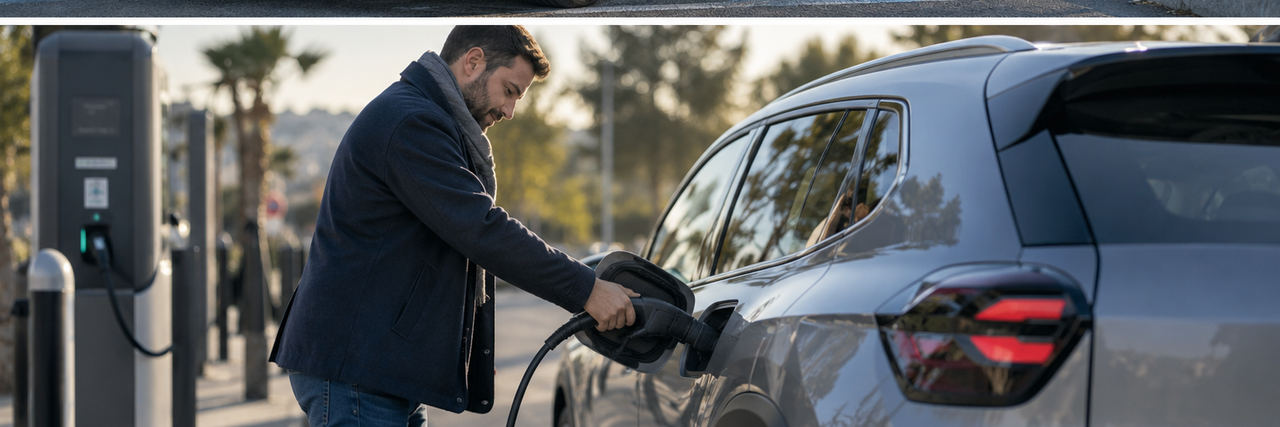 Illustration réaliste d’un automobiliste branchant un véhicule électrique à une borne de recharge.