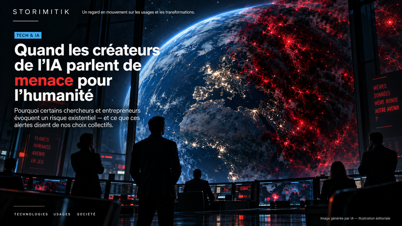 Illustration métaphorique de la Terre partiellement envahie par un réseau rouge symbolisant une menace existentielle liée à l’IA.