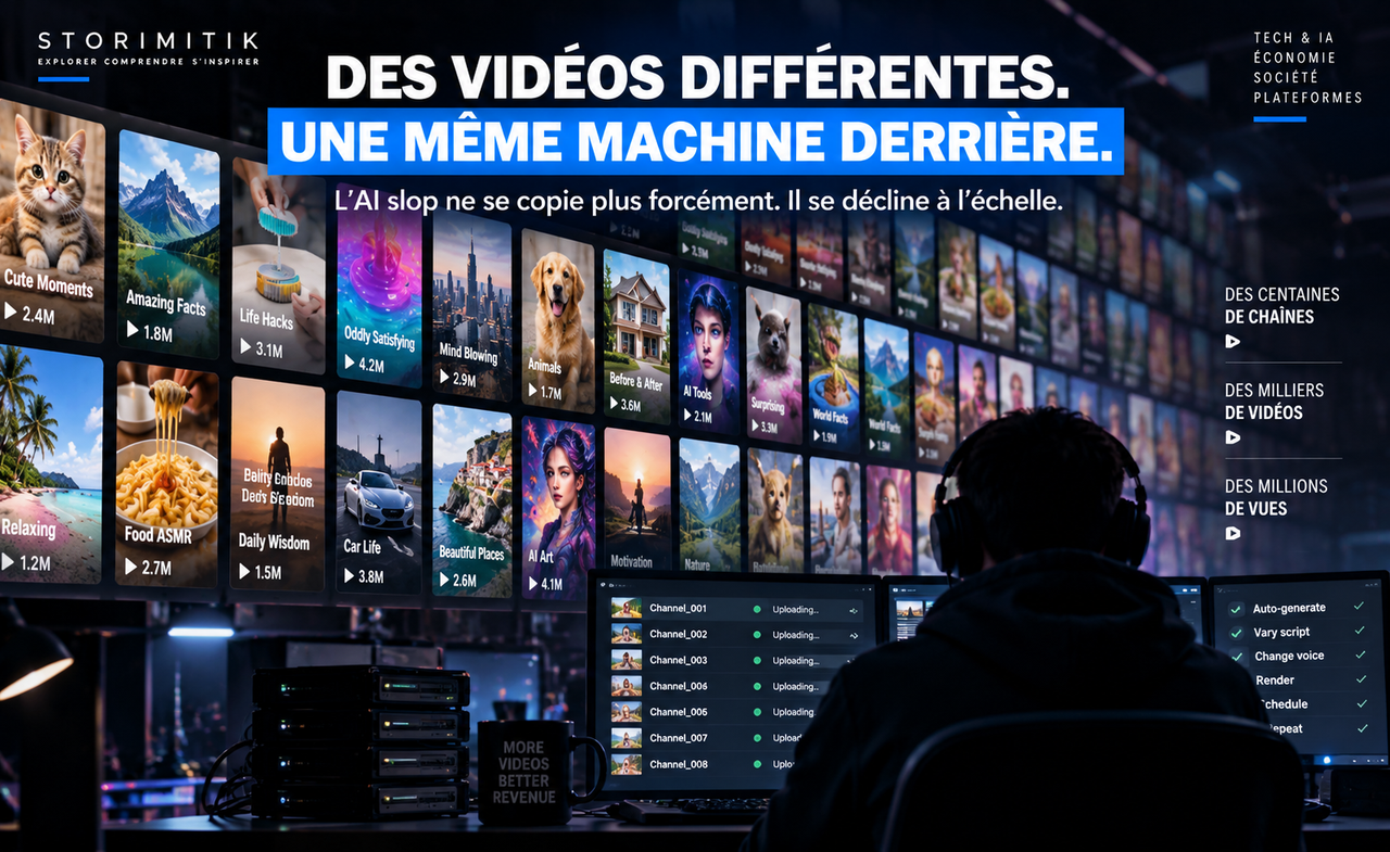 Mur de vidéos générées en masse et poste de production automatisé illustrant une usine à AI slop.