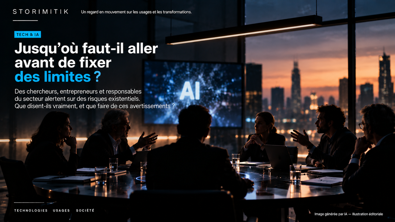 Illustration éditoriale d’une table ronde où plusieurs personnes débattent des limites à fixer au développement de l’IA.