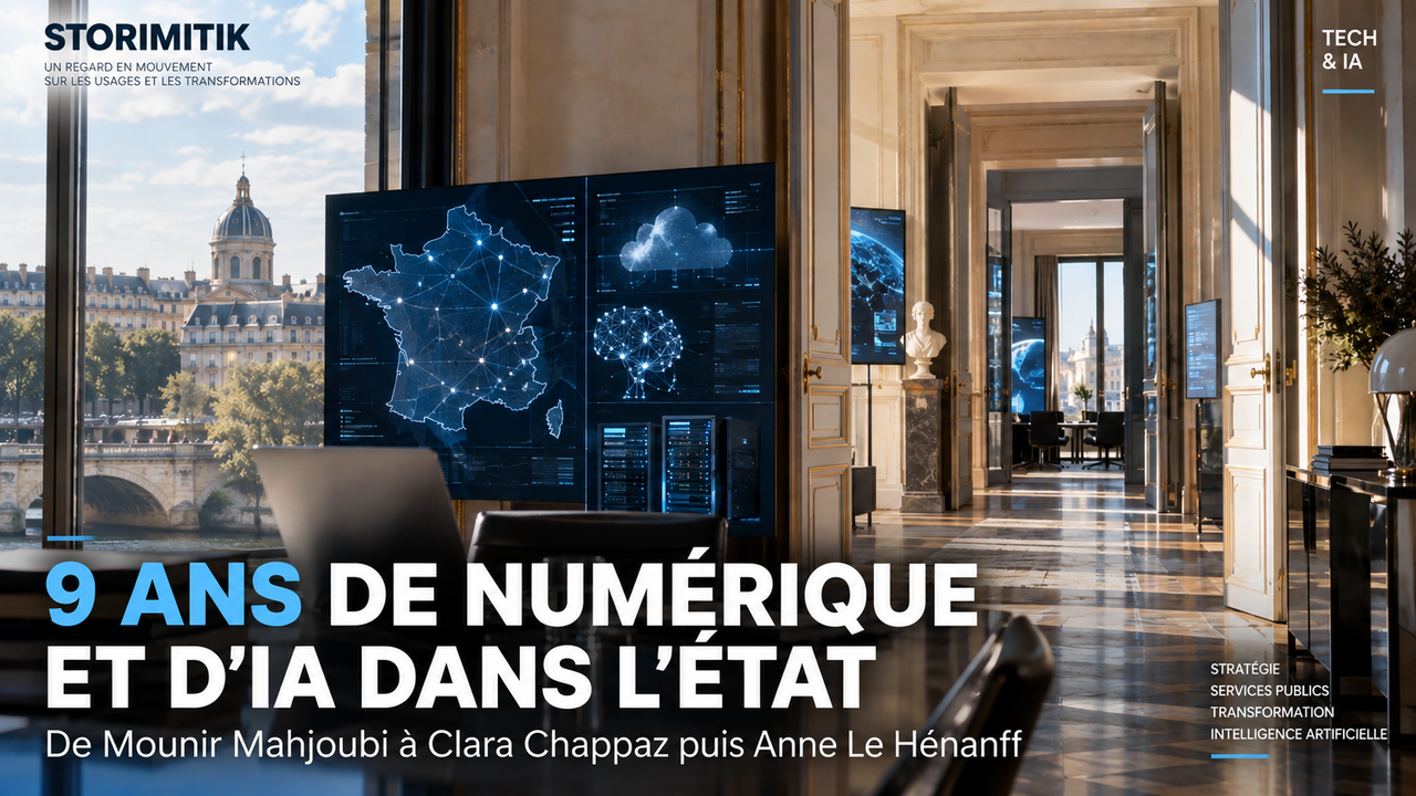 Illustration éditoriale STORIMITIK représentant le pilotage du numérique et de l’intelligence artificielle de l’État français dans un environnement institutionnel contemporain.