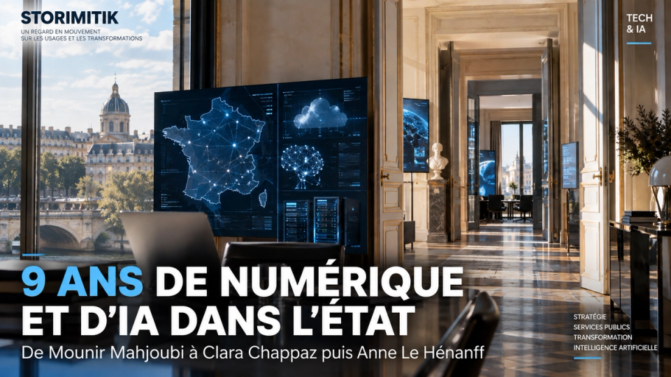Illustration éditoriale STORIMITIK représentant le pilotage du numérique et de l’intelligence artificielle de l’État français dans un environnement institutionnel contemporain.