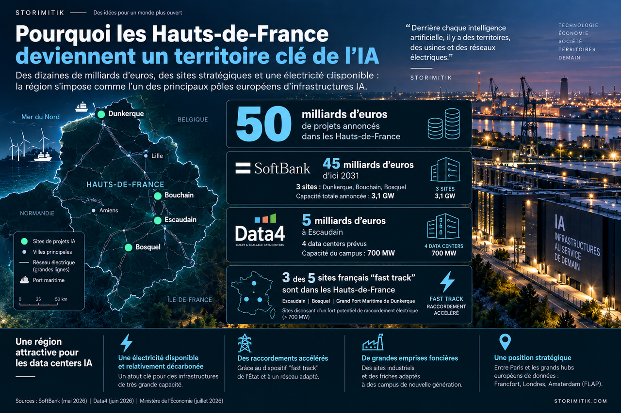 Infographie éditoriale présentant les principaux chiffres des projets de data centers annoncés dans les Hauts-de-France.