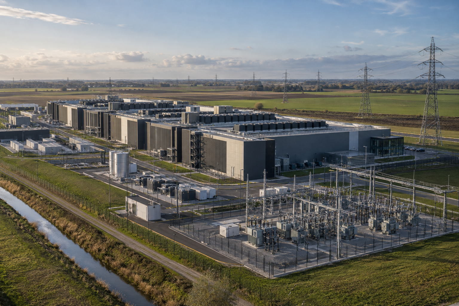 Illustration éditoriale d’un grand campus de data centers relié au réseau électrique dans les Hauts-de-France.