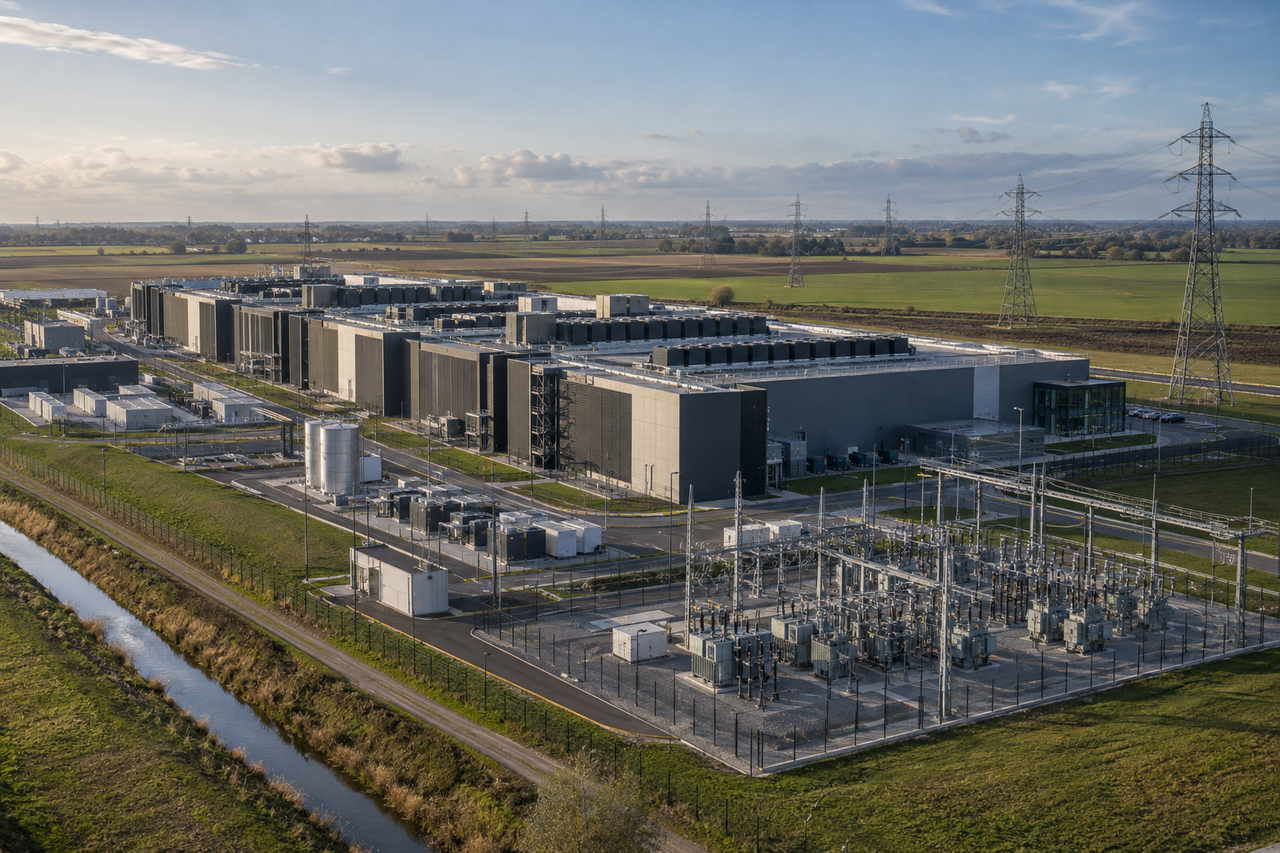 Illustration éditoriale d’un grand campus de data centers relié au réseau électrique dans les Hauts-de-France.