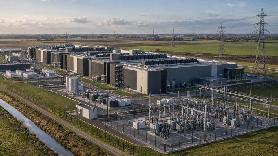 Illustration éditoriale d’un grand campus de data centers relié au réseau électrique dans les Hauts-de-France.